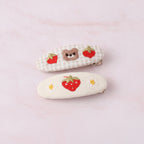 Embroidered Oval Hair Clip Duo - Cream Berry