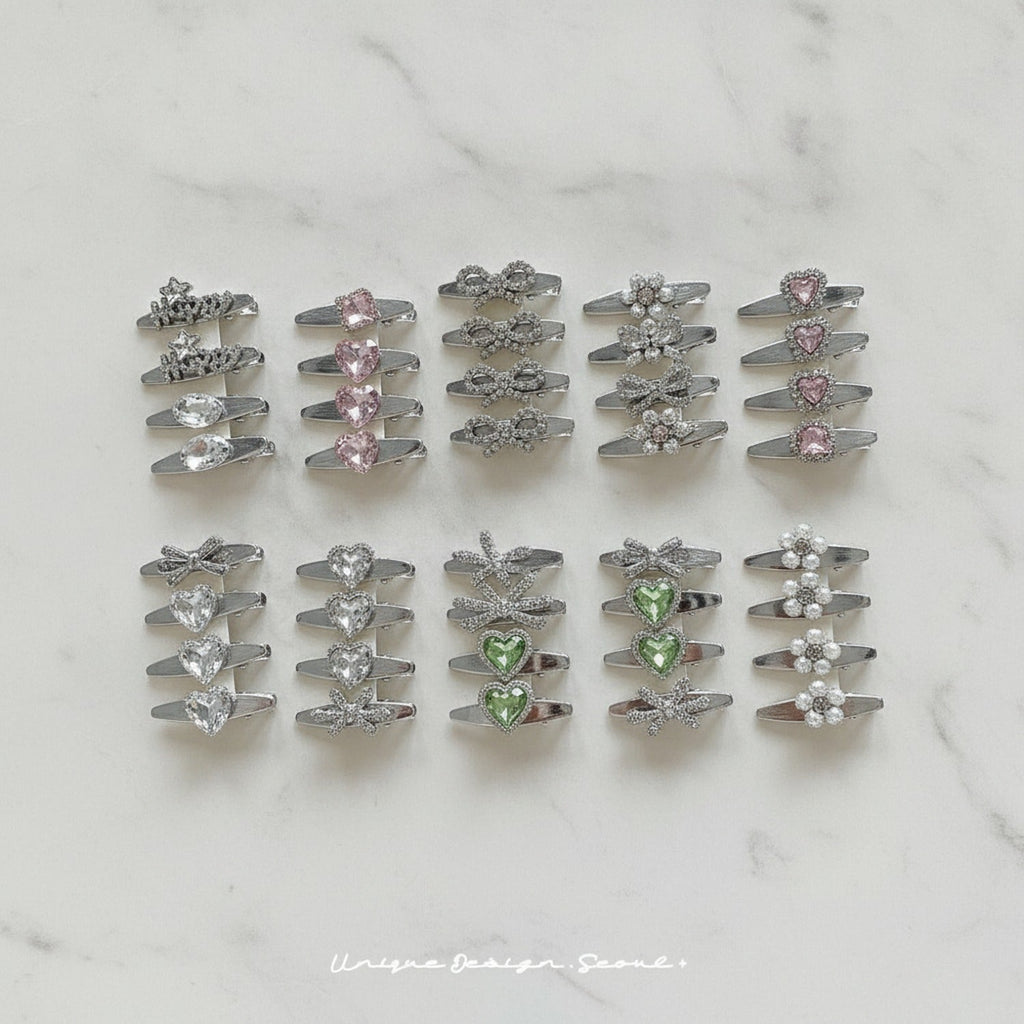 Gemstone Heart Claw Hair Clip Set - Pink Bear