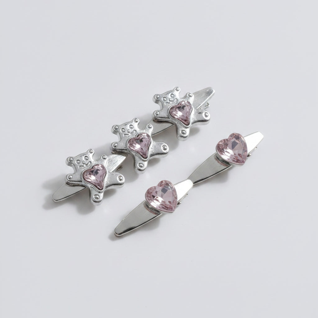 Gemstone Heart Claw Hair Clip Set - Pink Bear