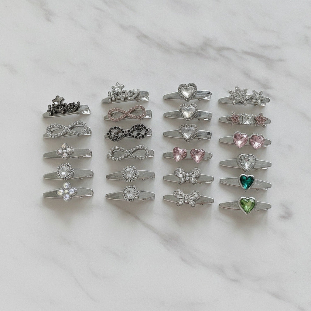 Gemstone Heart Claw Hair Clip Set - Silver Flower