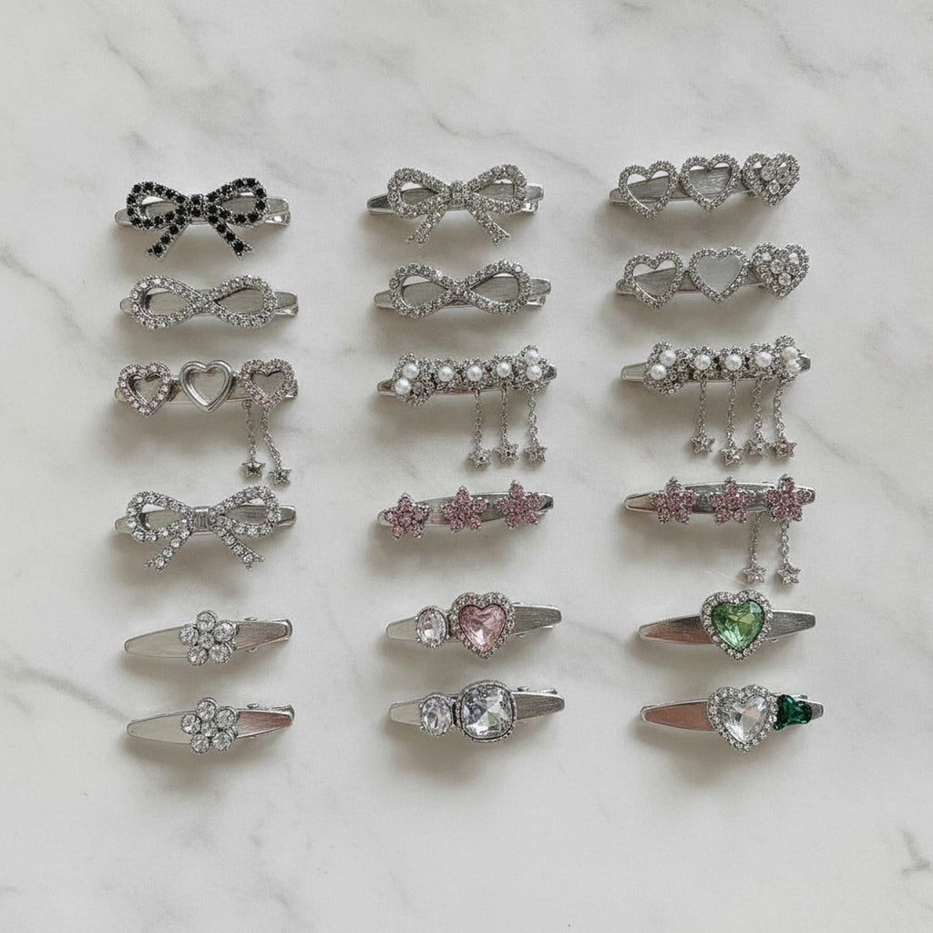 Gemstone Heart Claw Hair Clip Set - Crystal Bow