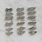Gemstone Heart Claw Hair Clip Set - Crystal Bow