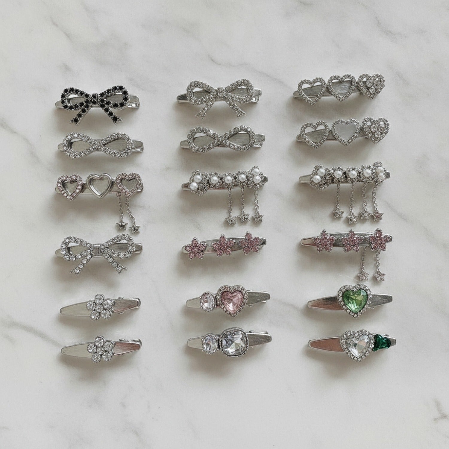 Gemstone Heart Claw Hair Clip Set - Crystal Bow