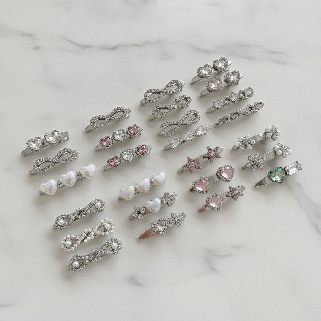 Gemstone Heart Claw Hair Clip Set - Pearl Heart