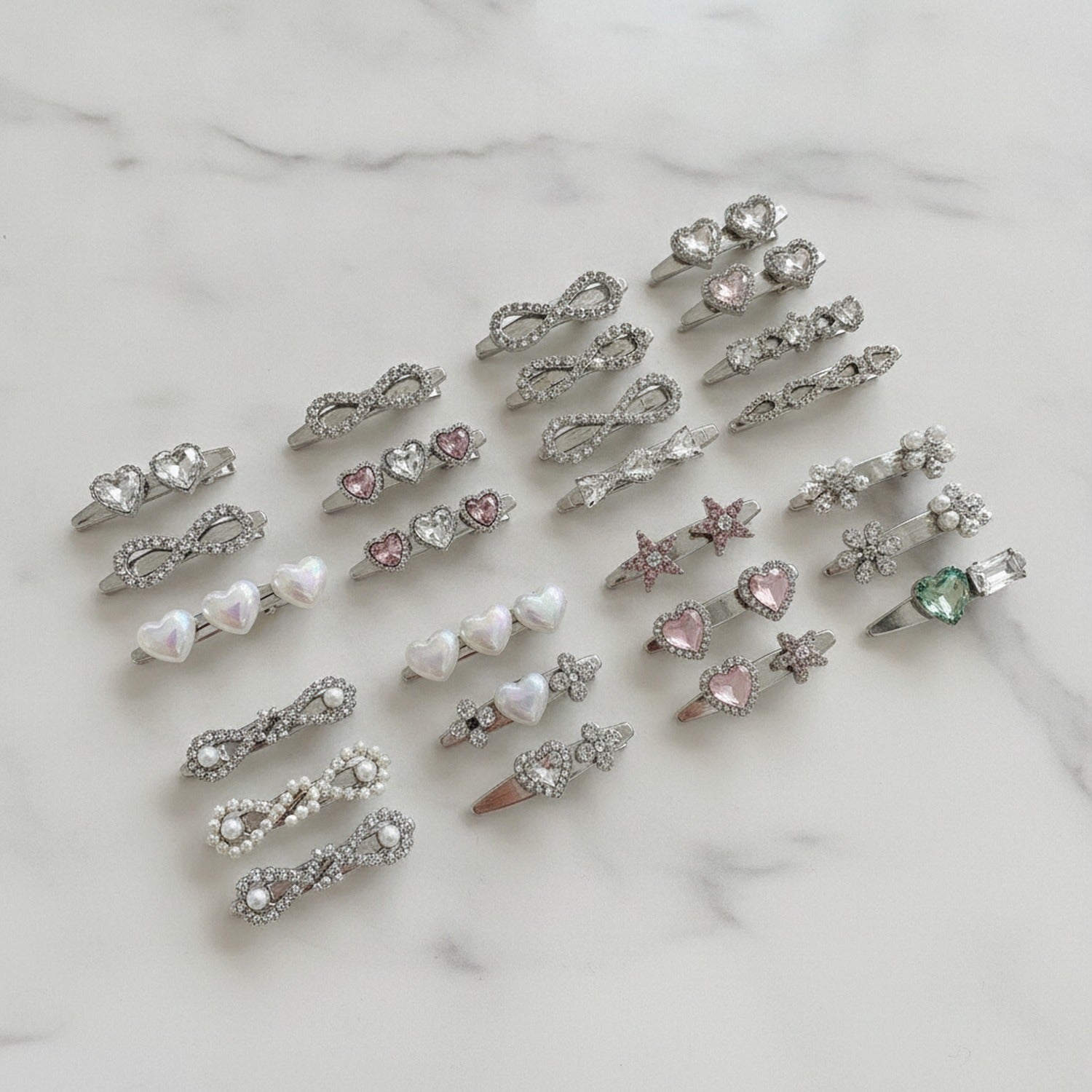 Gemstone Heart Claw Hair Clip Set - Pearl Heart