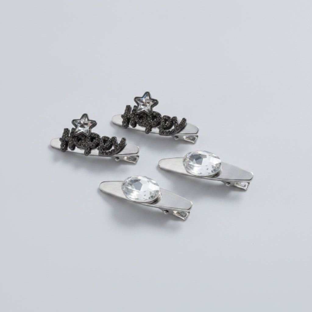 Gemstone Heart Claw Hair Clip Set - Black Happy