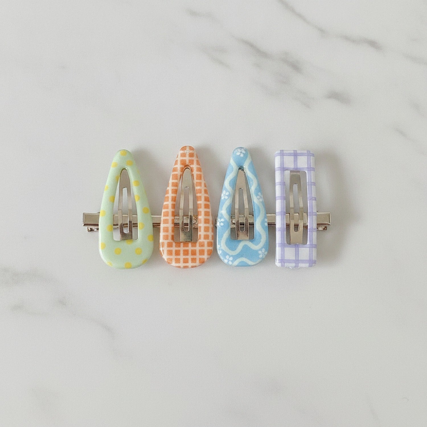 Le Ting Printed Snap Hair Clip Set - Polka Dot Plaid Mix