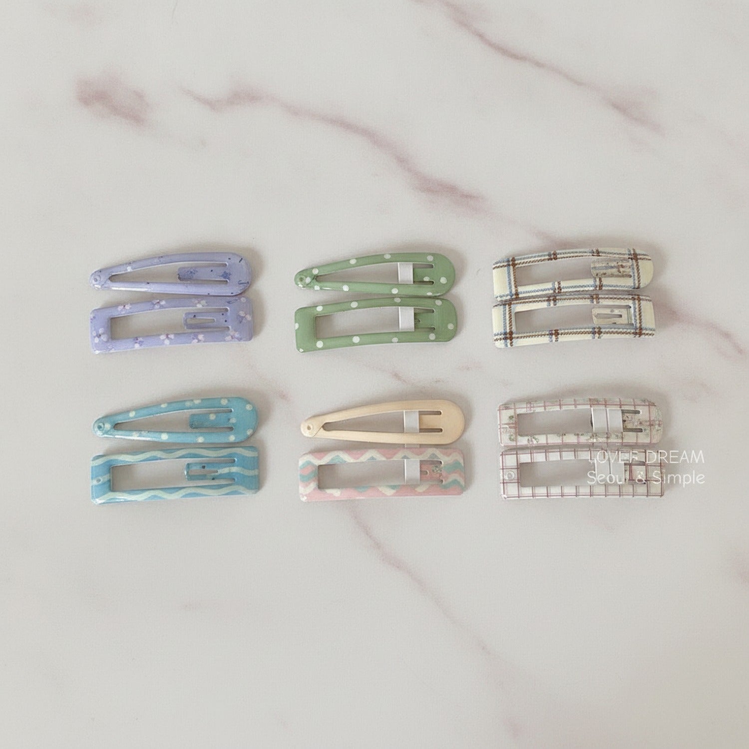 Le Ting Printed Snap Hair Clip Set - Blue Dot & Orange Plaid