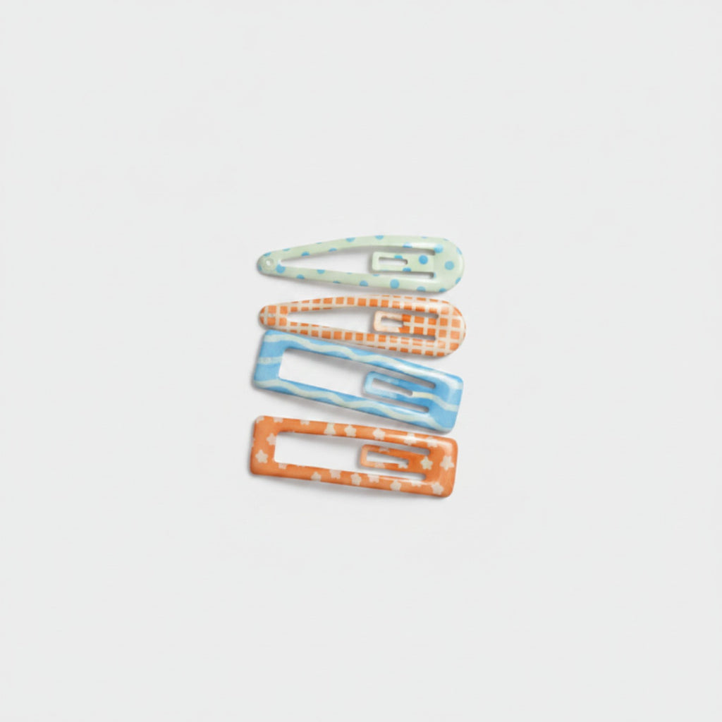 Le Ting Printed Snap Hair Clip Set - Blue Dot & Orange Plaid