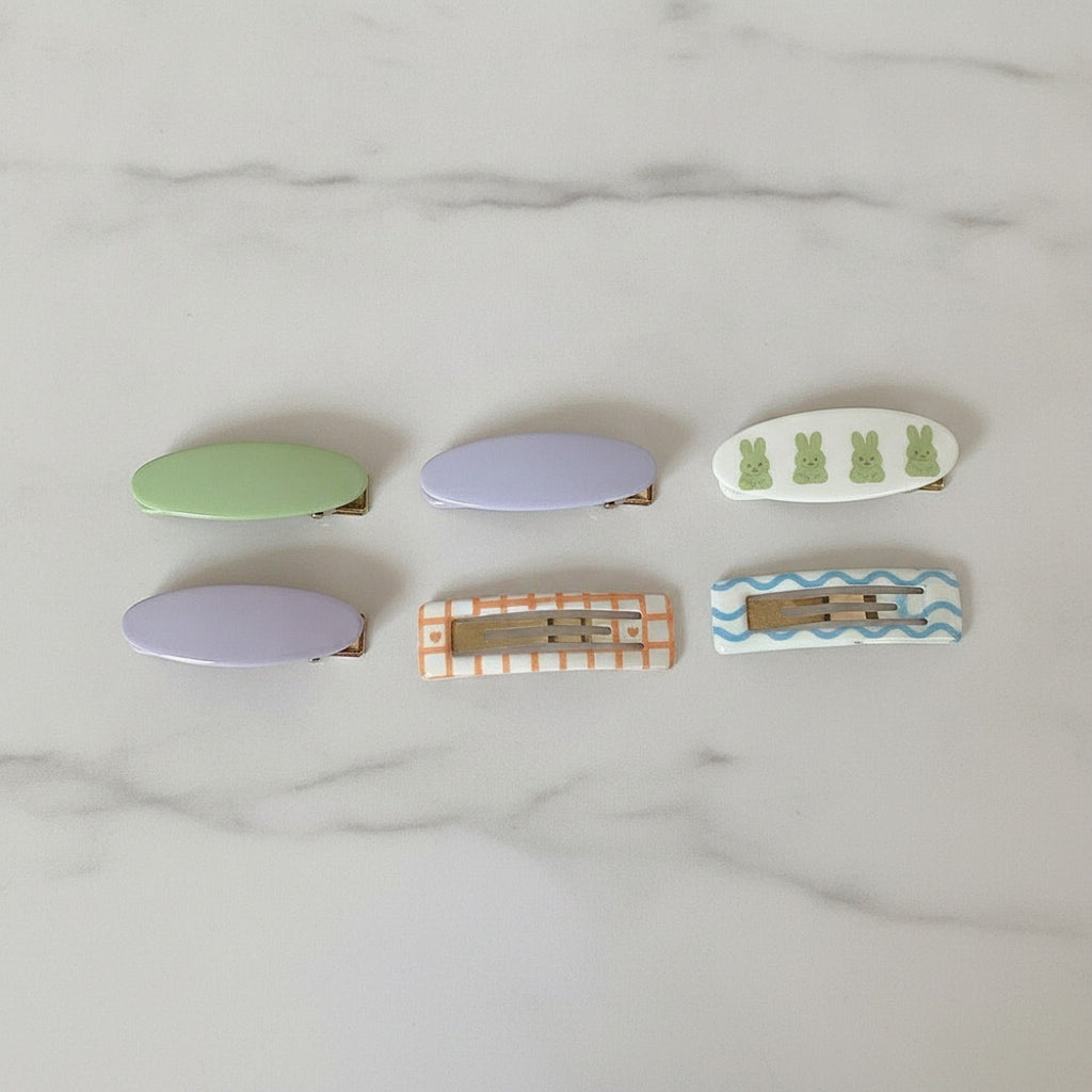 Le Ting Printed Snap Hair Clip Set - Green Stripe & Bunny