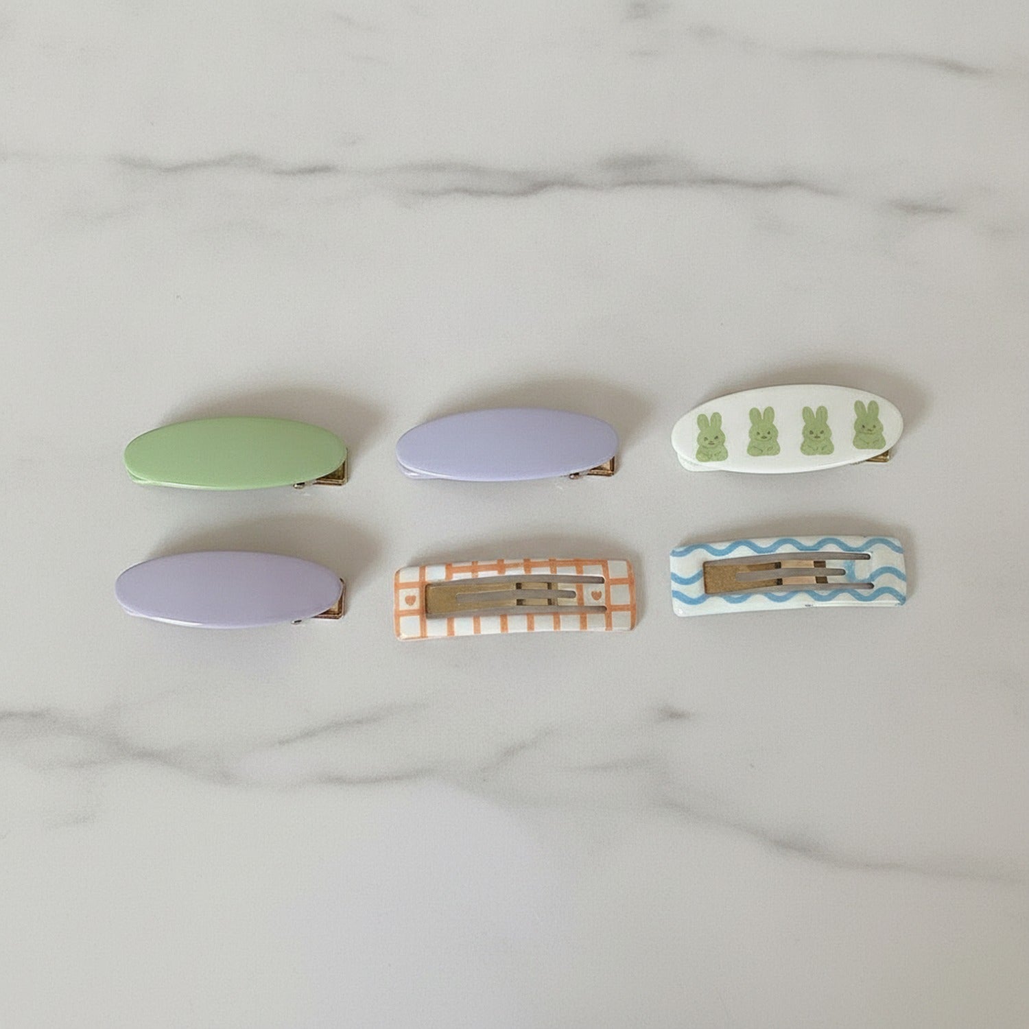 Le Ting Printed Snap Hair Clip Set - Green Stripe & Bunny