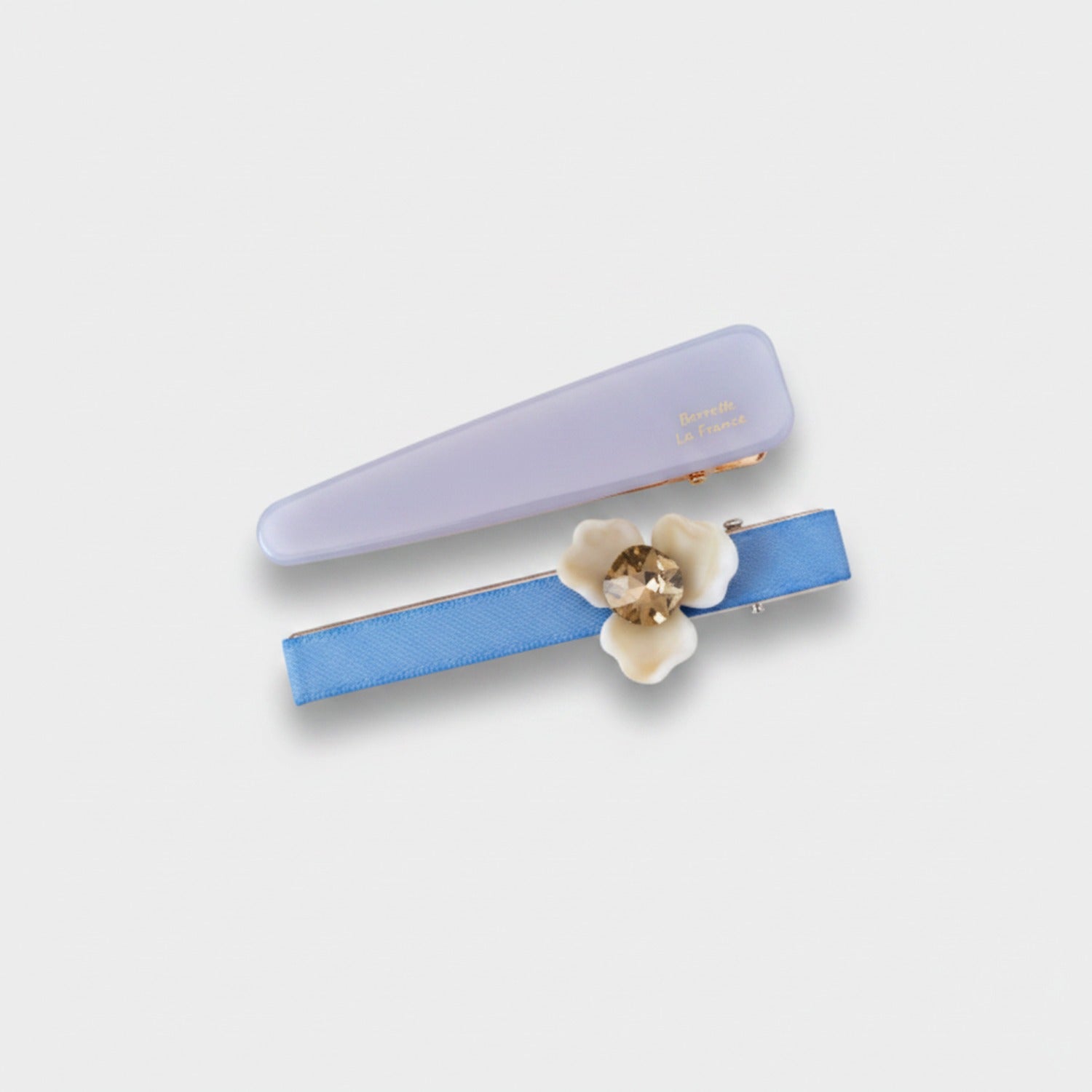 Cream Flower Blue Ribbon Hair Clip Set
