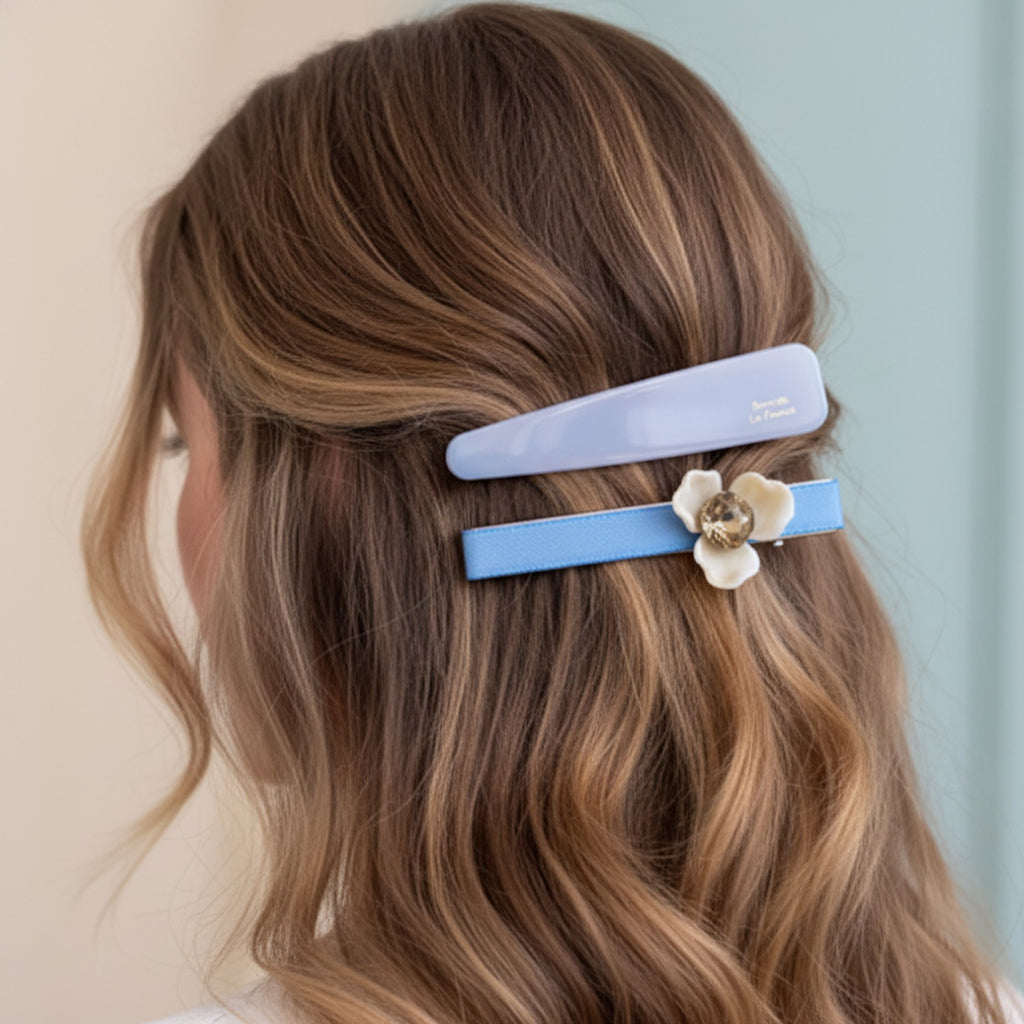 Cream Flower Blue Ribbon Hair Clip Set