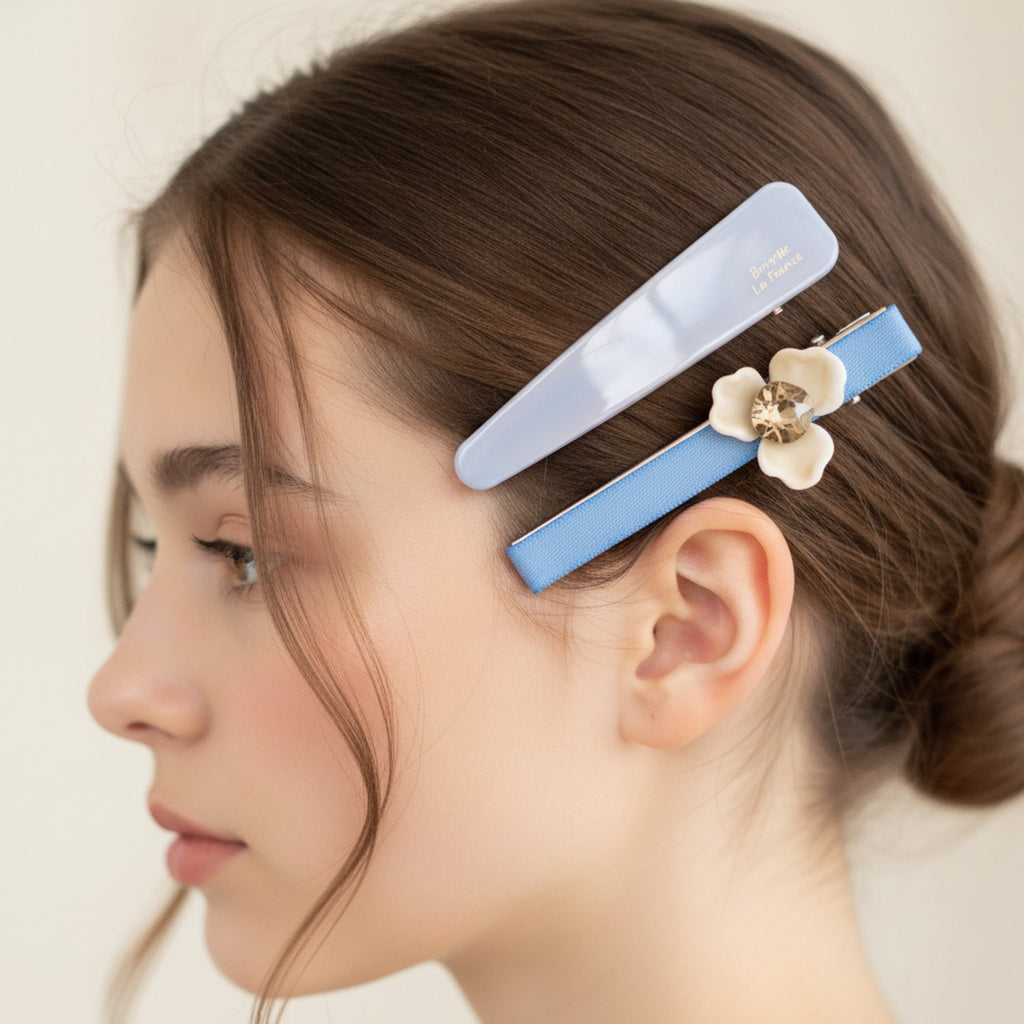 Cream Flower Blue Ribbon Hair Clip Set – hair accessories (view 2)