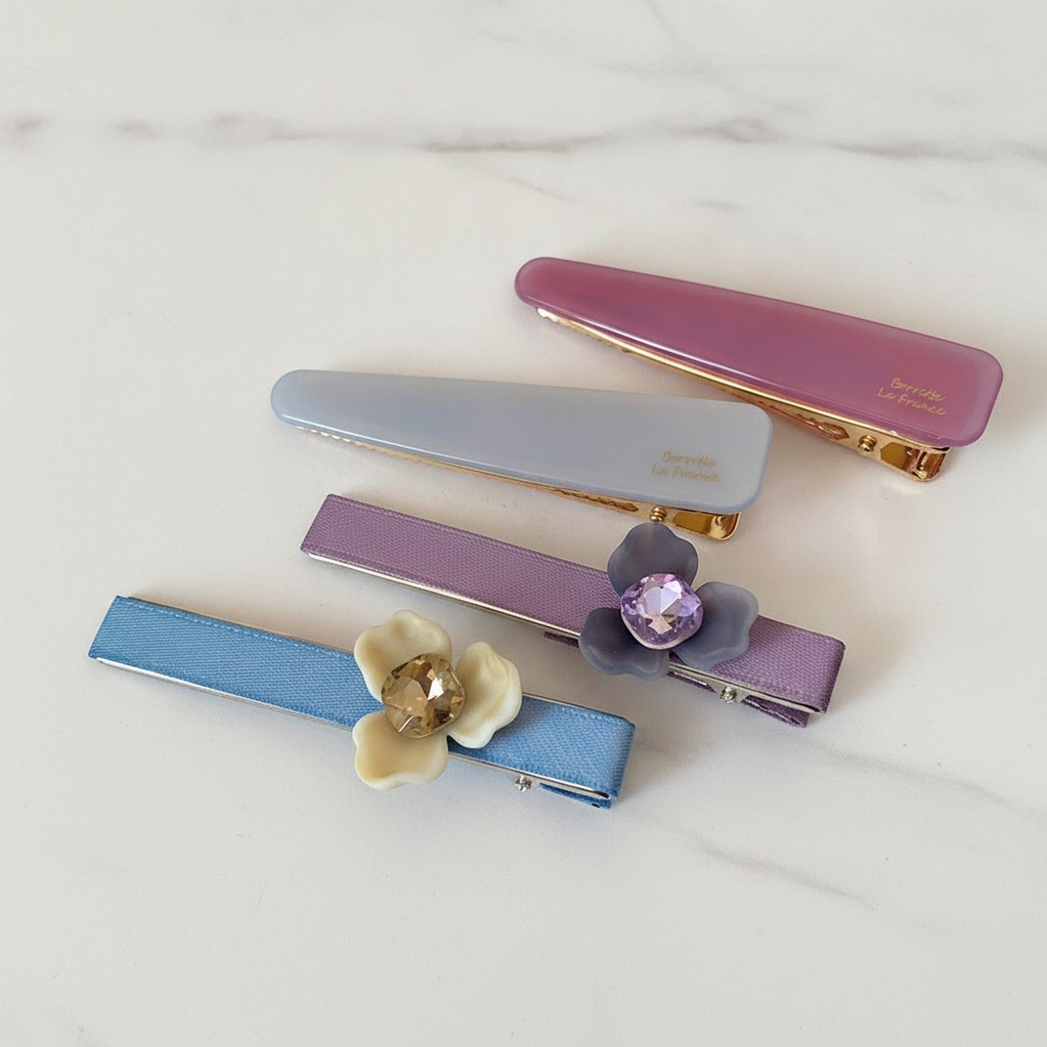 Cream Flower Blue Ribbon Hair Clip Set