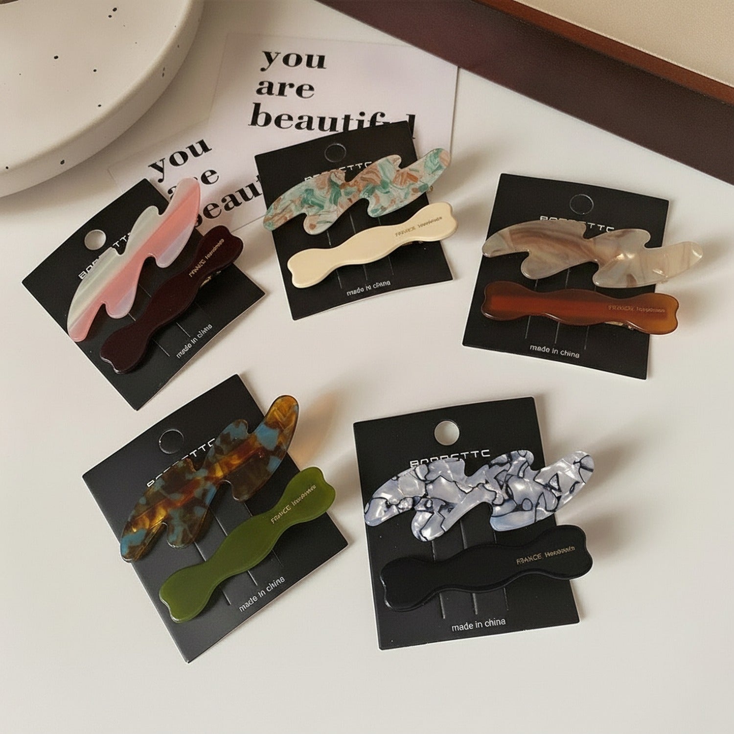 Blue Marble Polymer Hair Clips Set