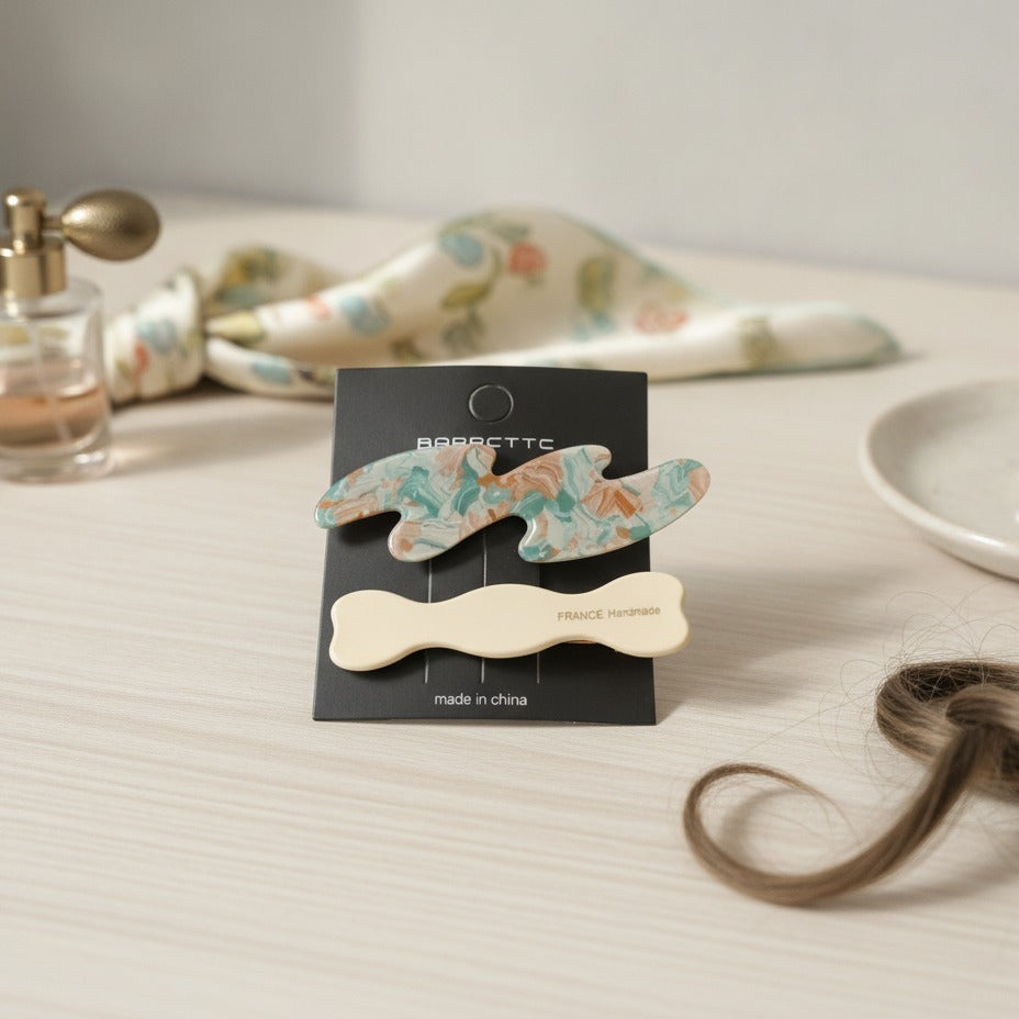 Floral Leaf Hair Clip Set With Wooden Barrette – hair accessories (view 2)