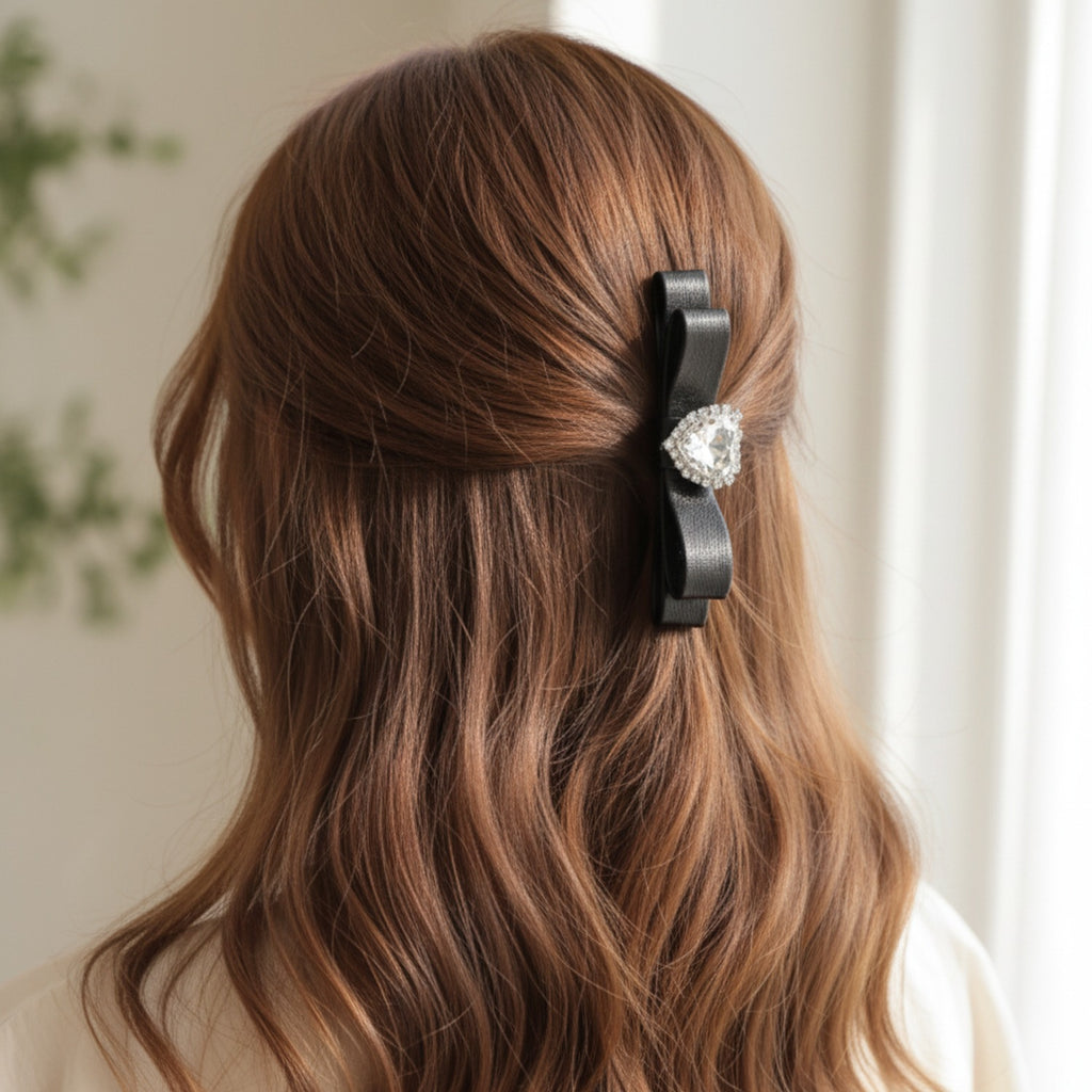 Black Velvet Bow Hair Clip with Rhinestone Center