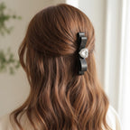 Black Velvet Bow Hair Clip with Rhinestone Center