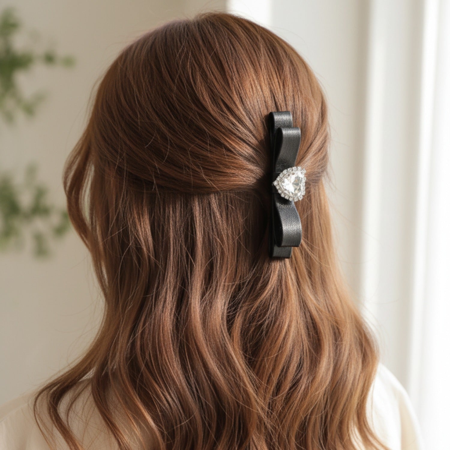 Black Velvet Bow Hair Clip with Rhinestone Center