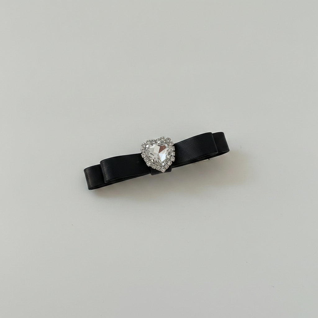 Black Velvet Bow Hair Clip with Rhinestone Center – hair accessories (view 1)