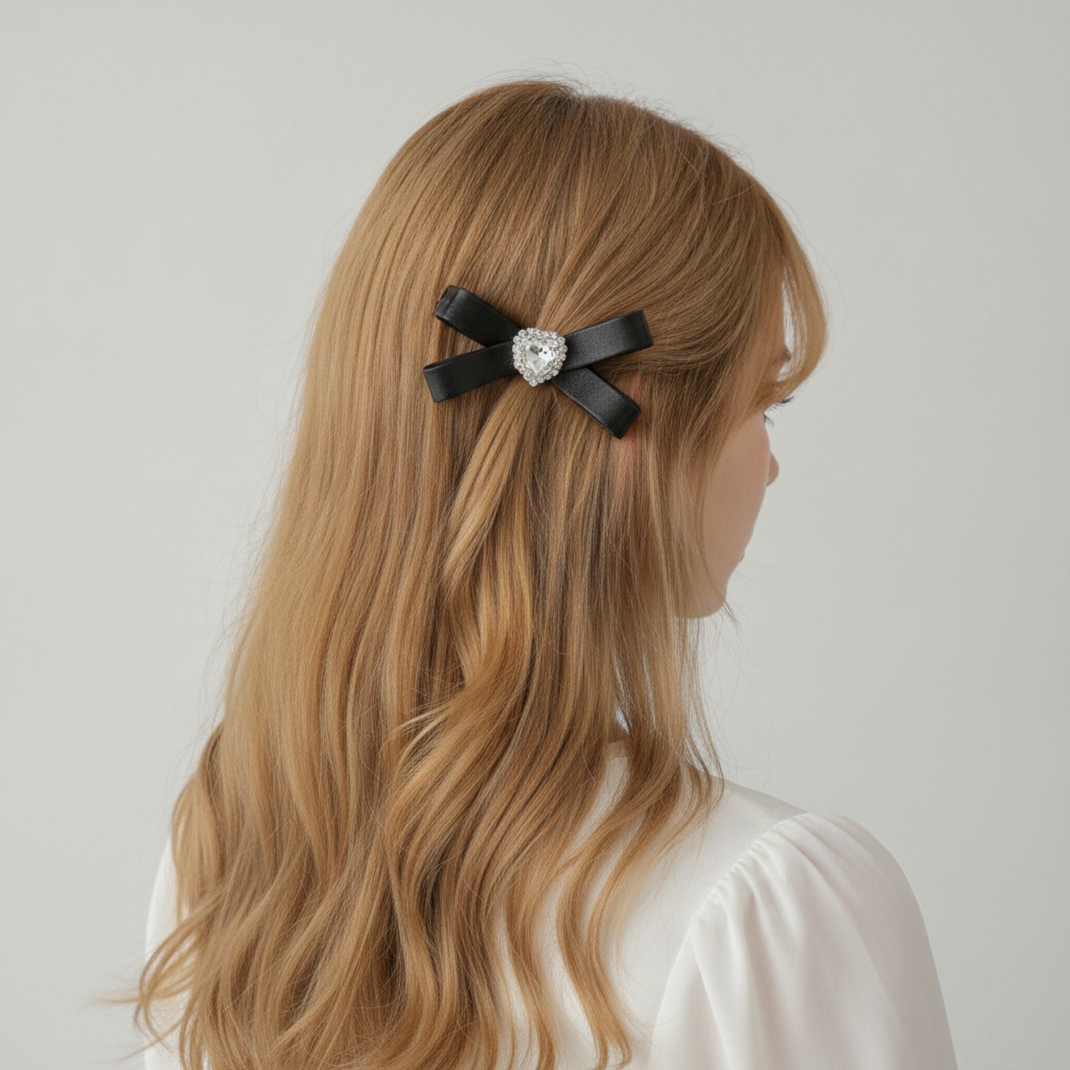 Black Velvet Bow Hair Clip with Rhinestone Center