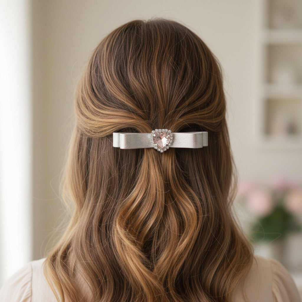 Metallic Blue Ribbon Hair Clip With Rhinestone Center