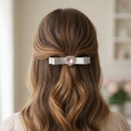 Metallic Blue Ribbon Hair Clip With Rhinestone Center