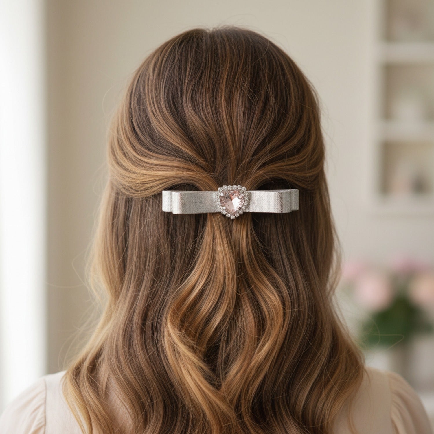 Metallic Blue Ribbon Hair Clip With Rhinestone Center