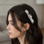 Metallic Blue Ribbon Hair Clip With Rhinestone Center – hair accessories