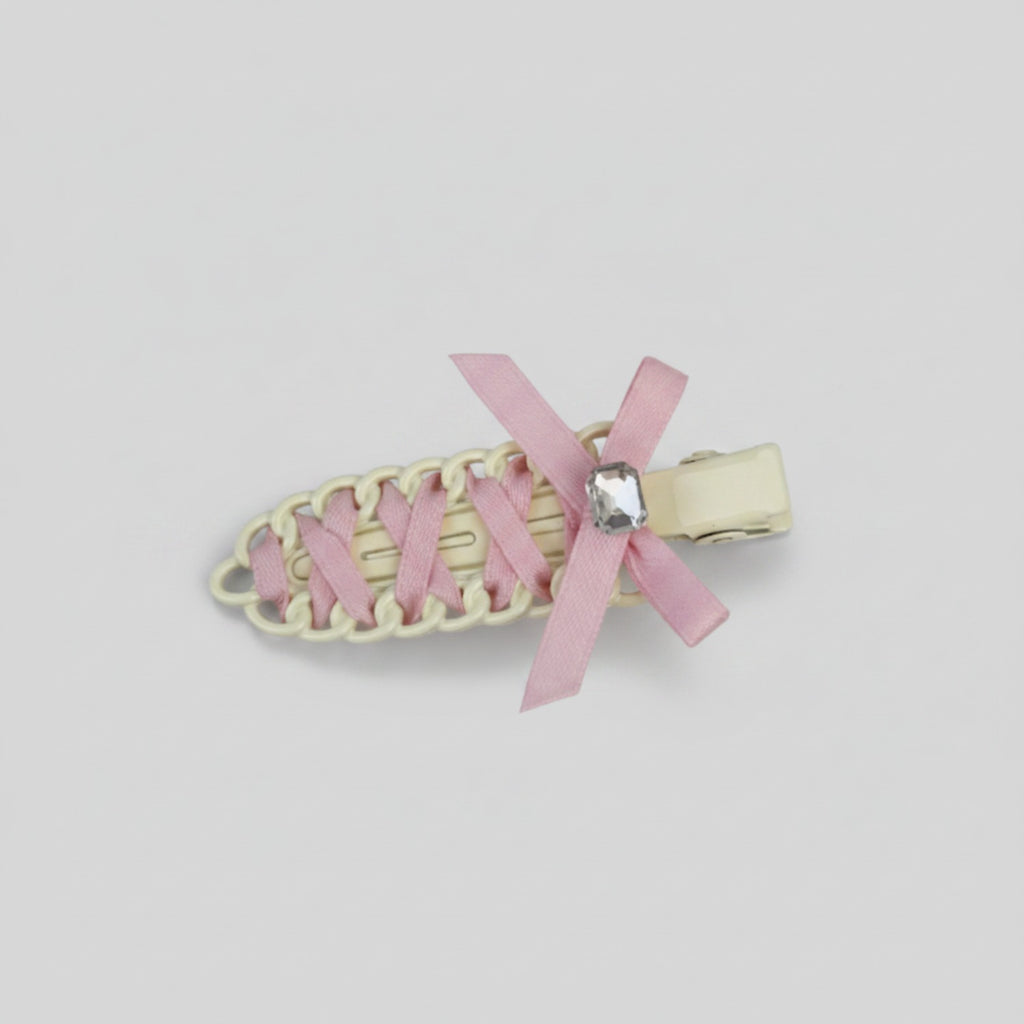 Cream Woven Hair Clip With Pink Ribbon Bow