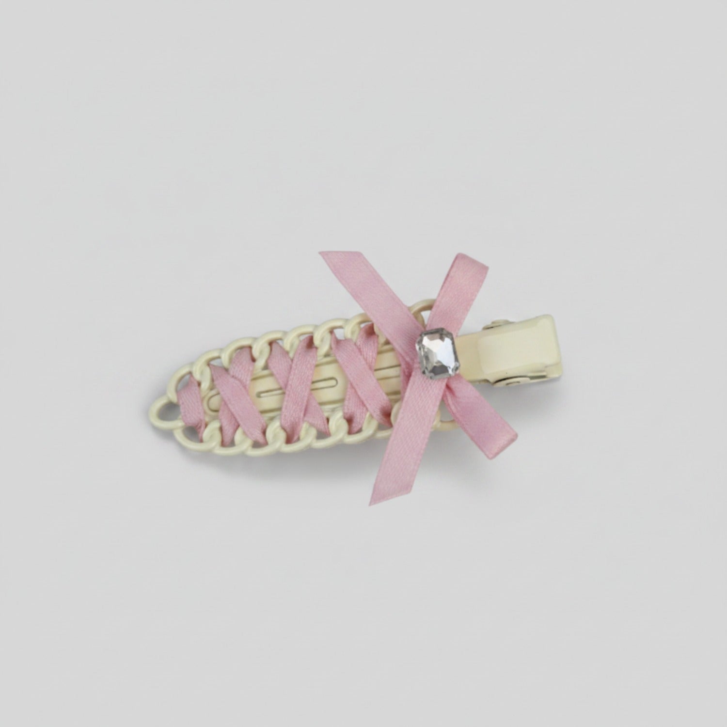 Cream Woven Hair Clip With Pink Ribbon Bow