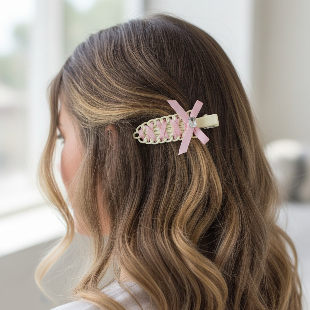 Cream Woven Hair Clip With Pink Ribbon Bow