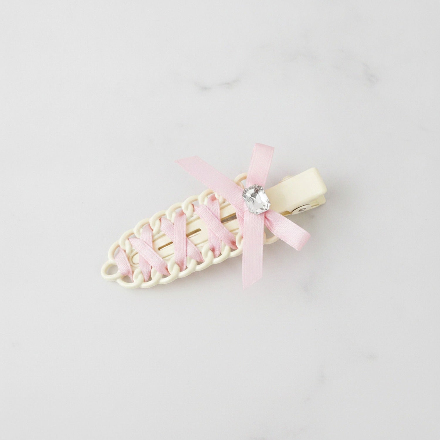 Cream Woven Hair Clip With Pink Ribbon Bow