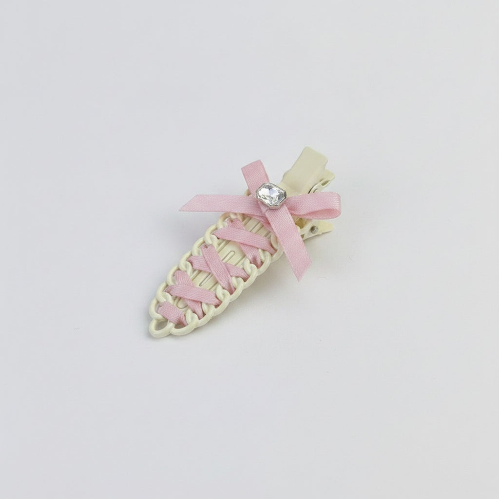 Cream Woven Hair Clip With Pink Ribbon Bow – hair accessories (view 1)