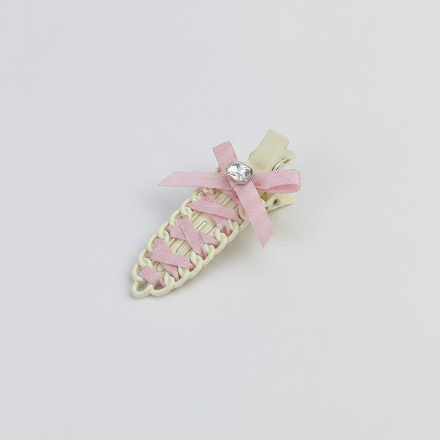 Cream Woven Hair Clip With Pink Ribbon Bow