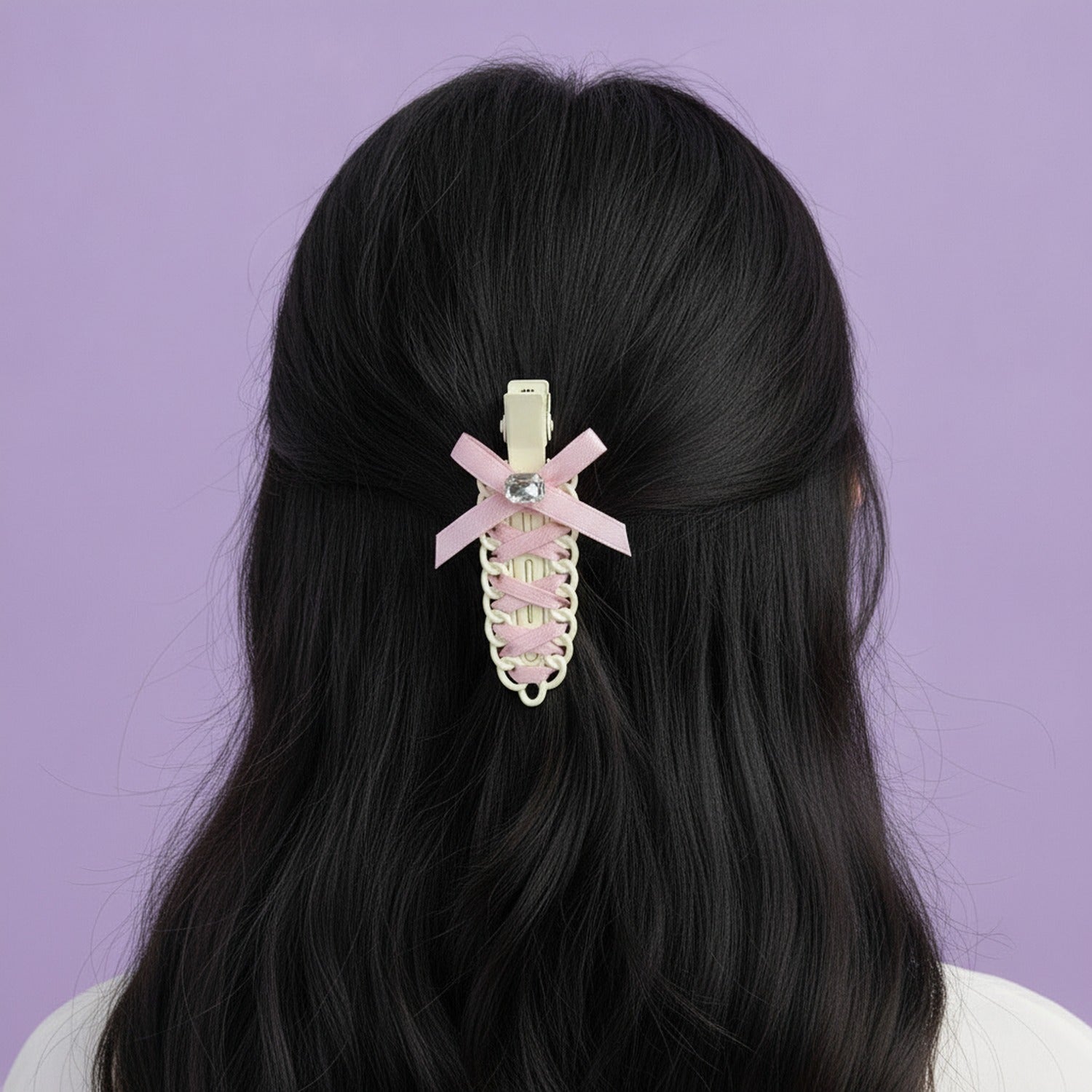Cream Woven Hair Clip With Pink Ribbon Bow