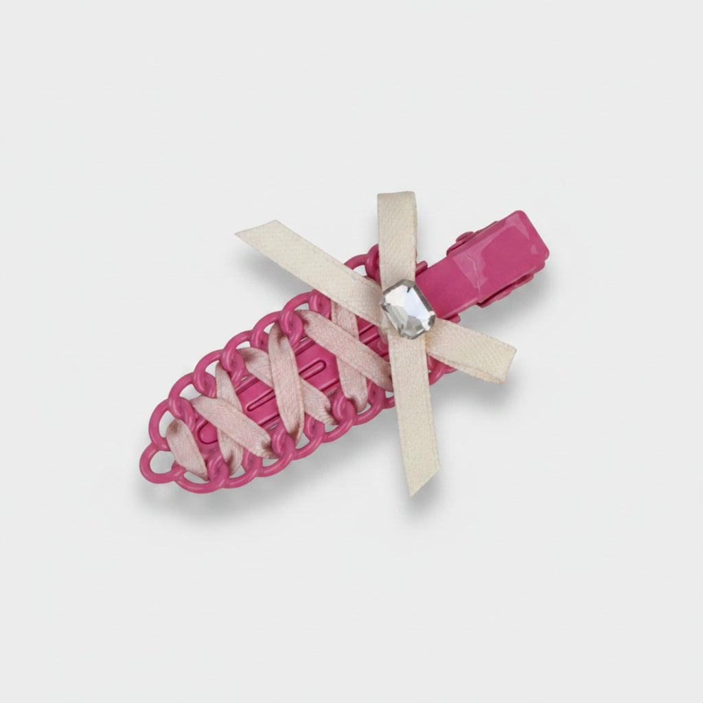 Pink Scalloped Hair Clip With Cream Ribbon