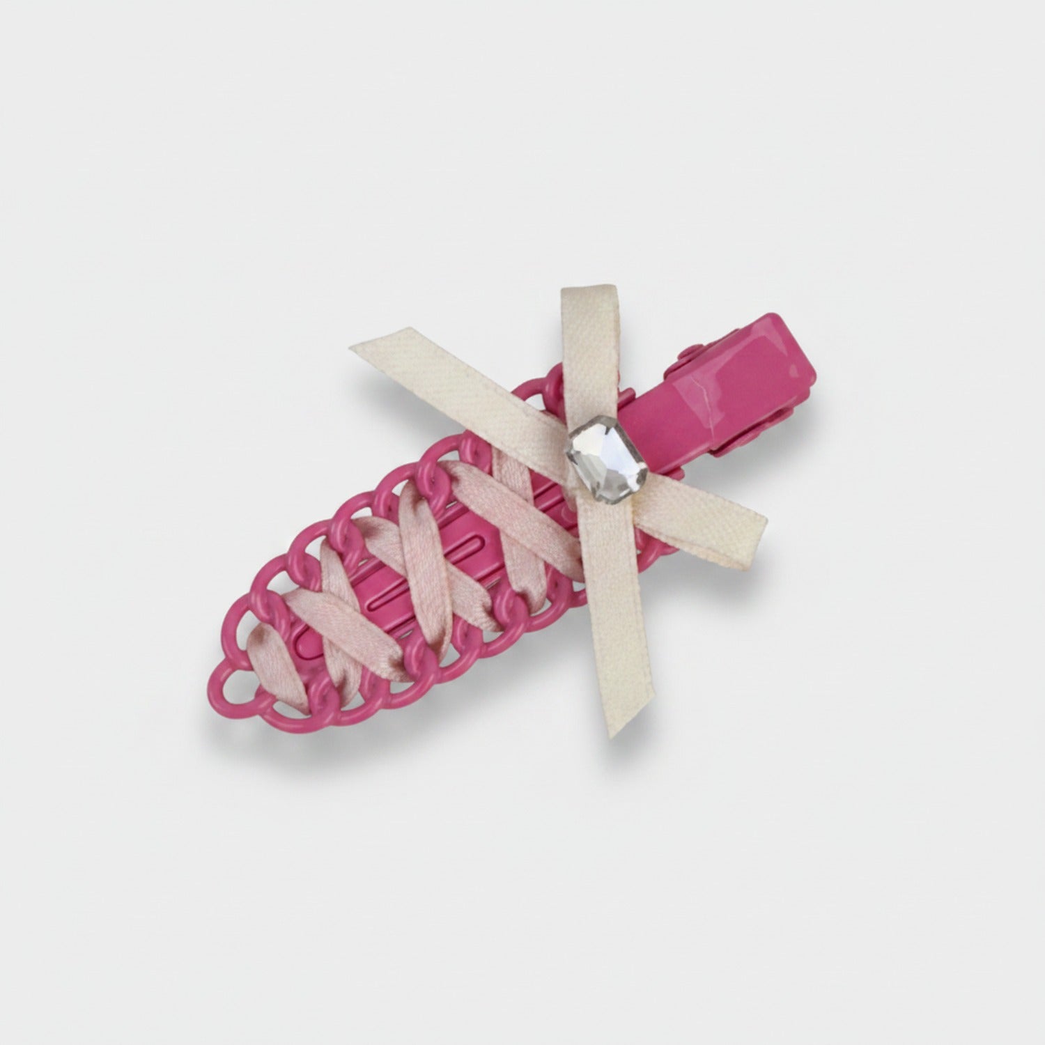 Pink Scalloped Hair Clip With Cream Ribbon