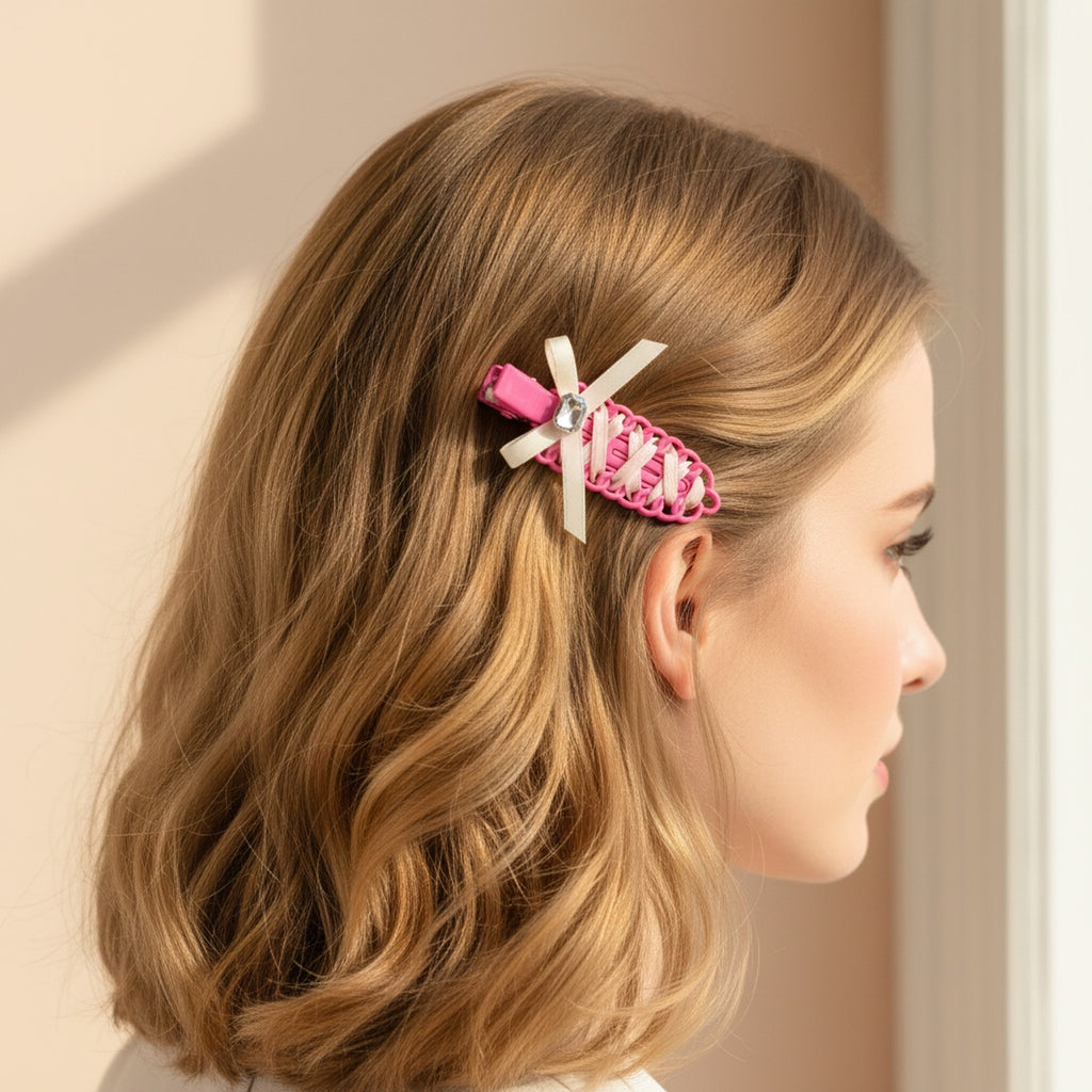 Pink Scalloped Hair Clip With Cream Ribbon