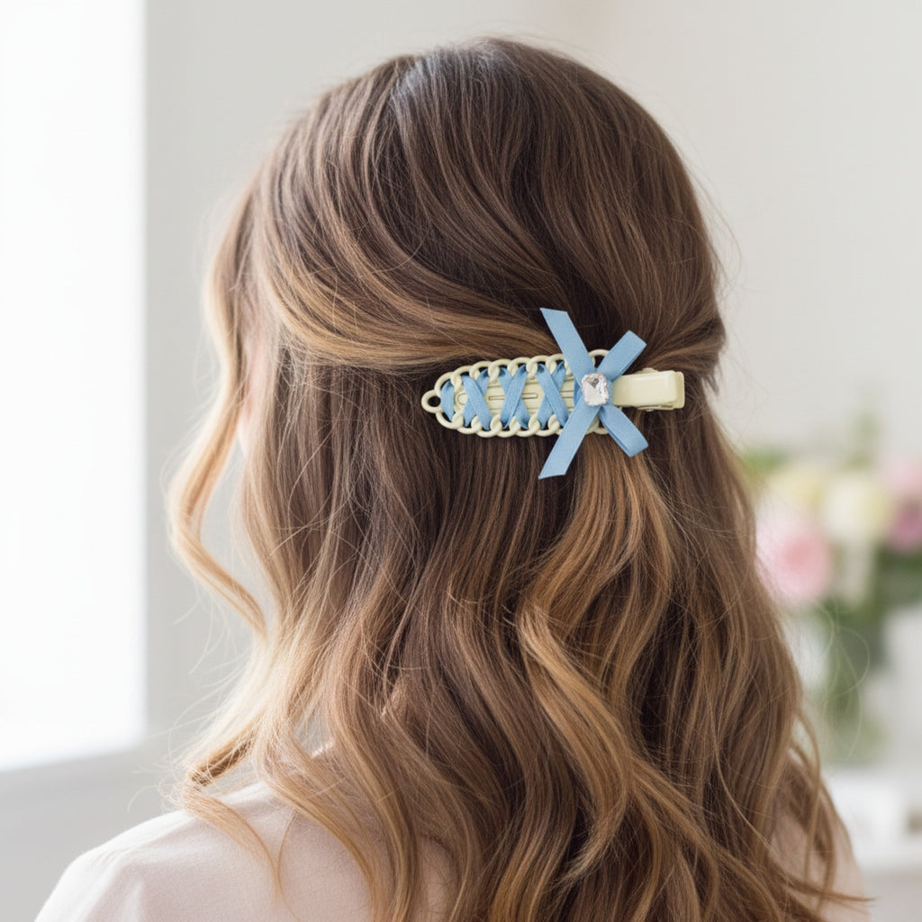 Blue Ribbon Braided Hair Clip with Crystal Detail