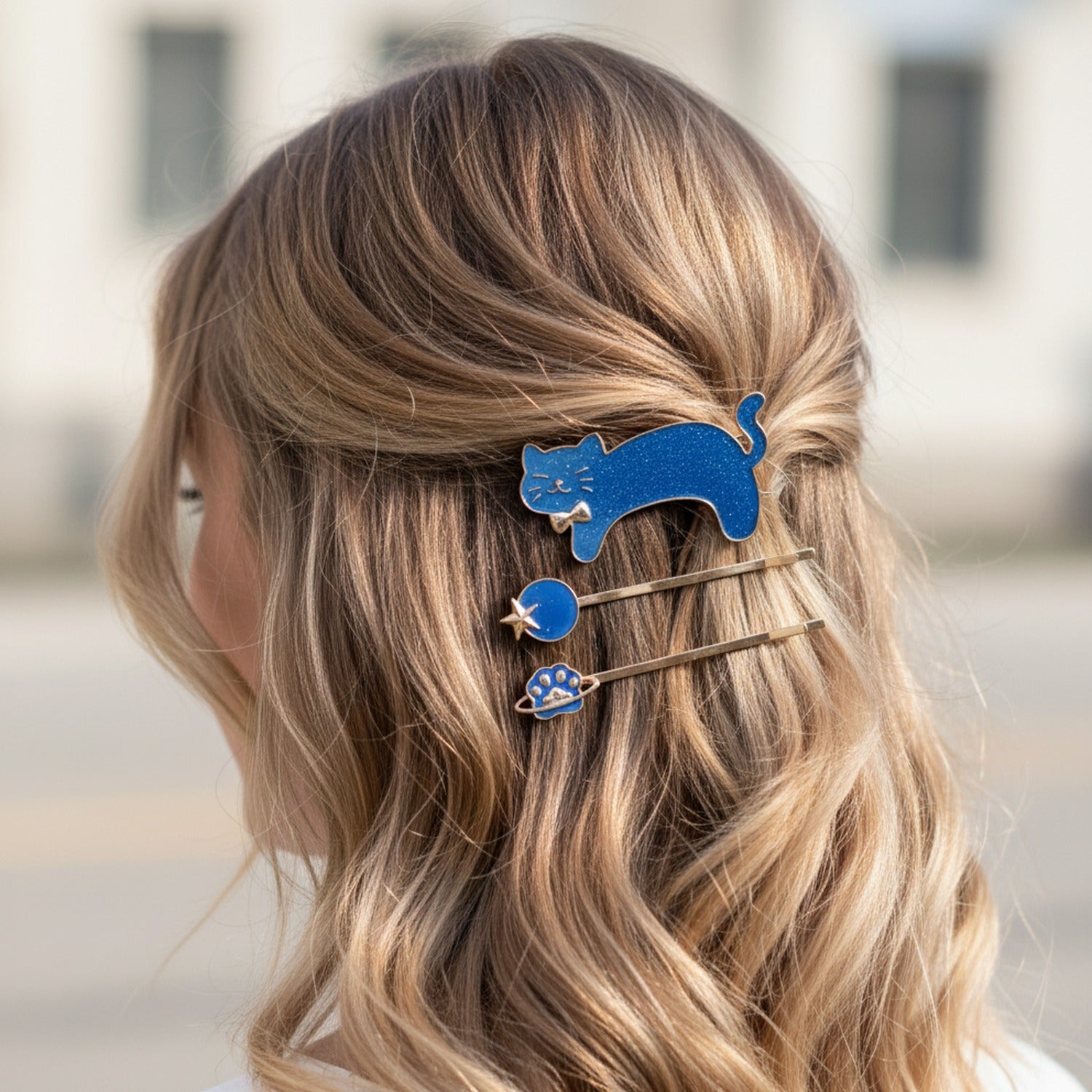 Blue Enamel Cat Hair Clips Set With Star Charm