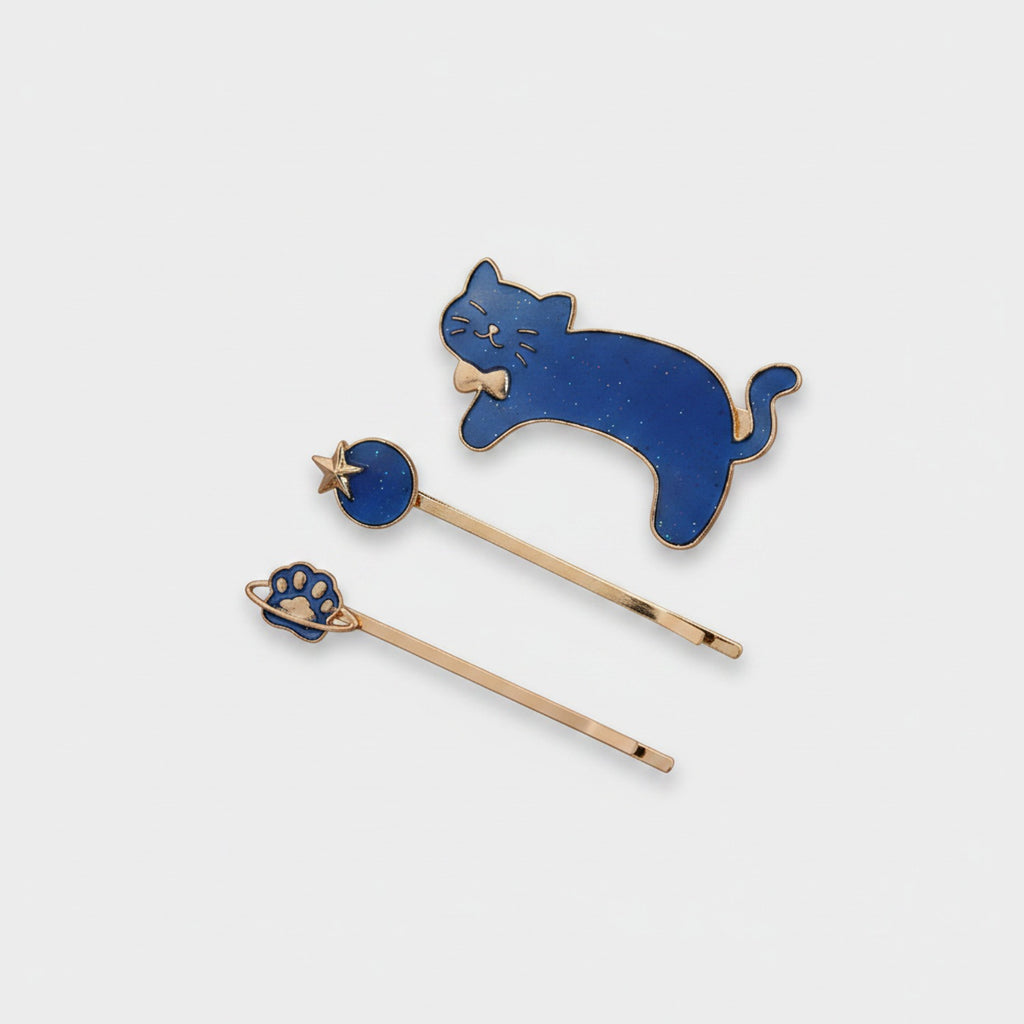 Blue Enamel Cat Hair Clips Set With Star Charm – hair accessories (view 1)