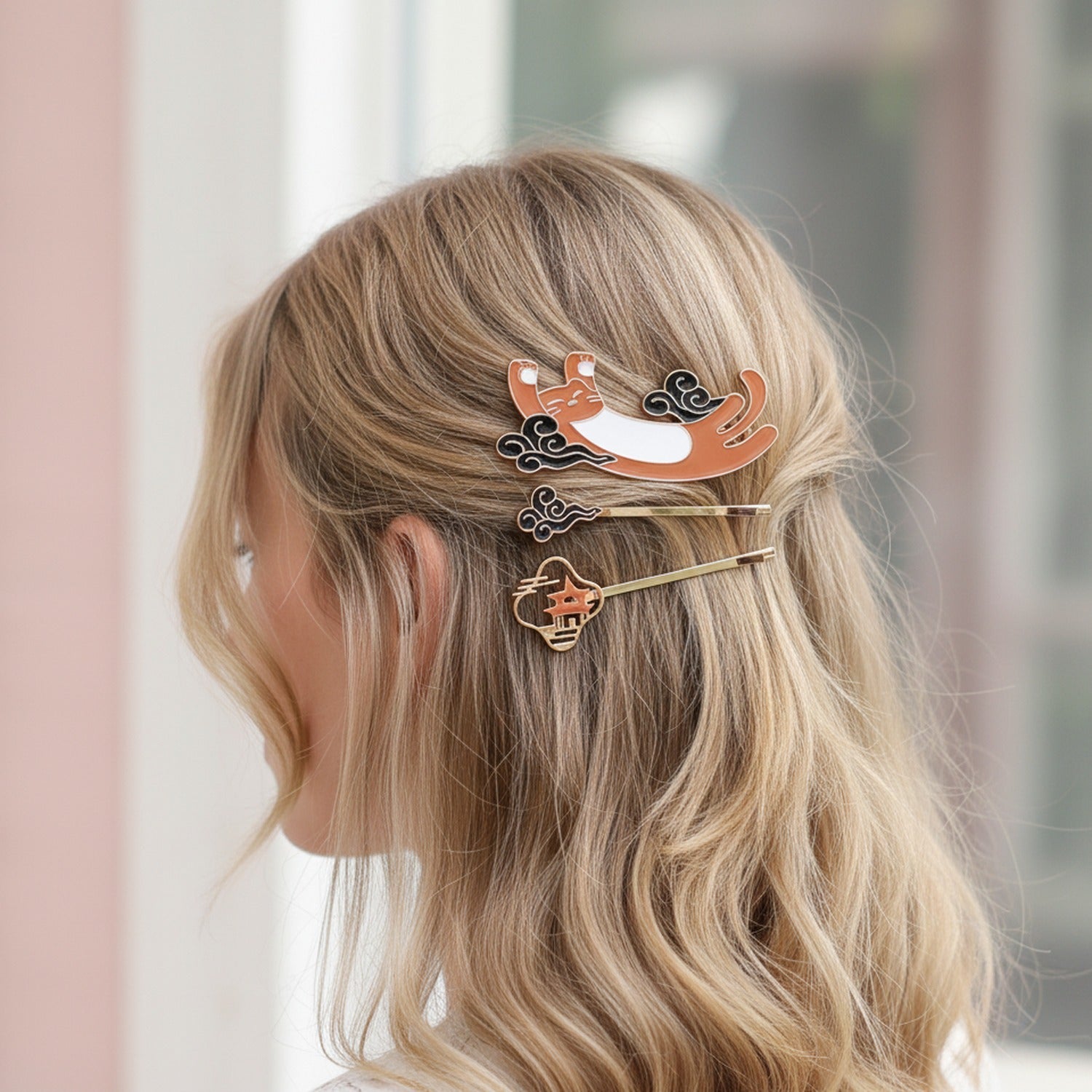 Vintage Asian Cloud Hair Clips Set With Black Details