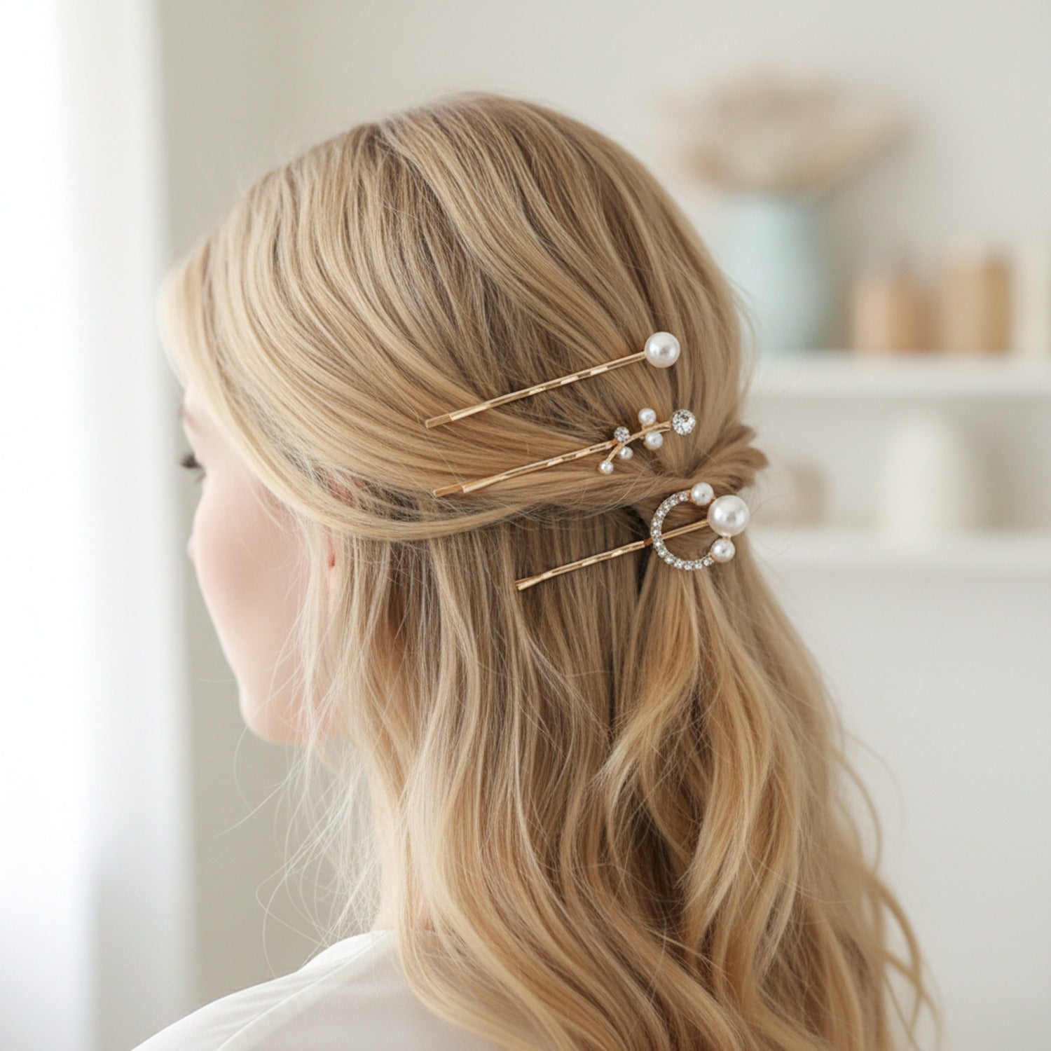 Pearl And Rhinestone Gold Hair Clips Set