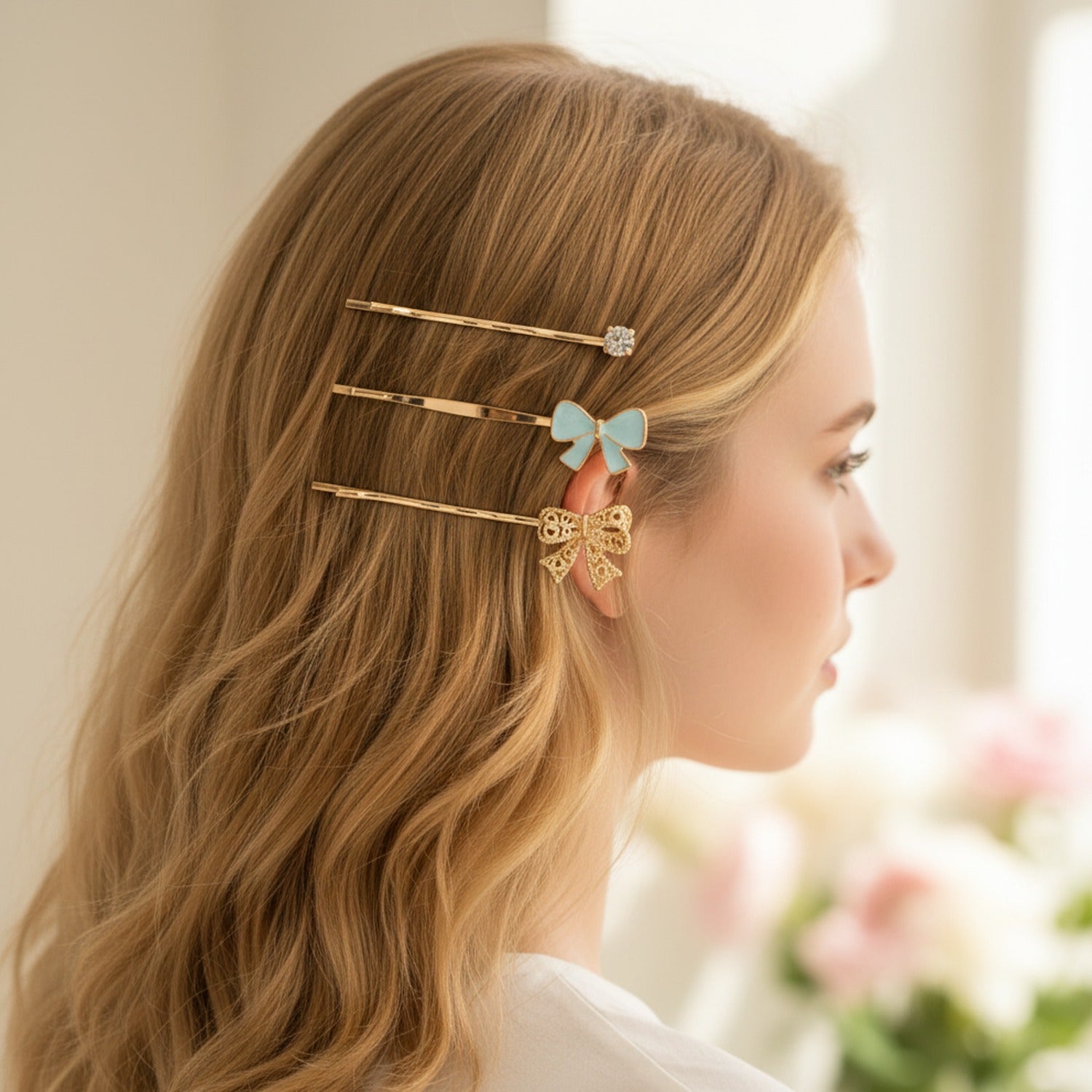 Gold Bow Butterfly Hair Clips Set With Rhinestones