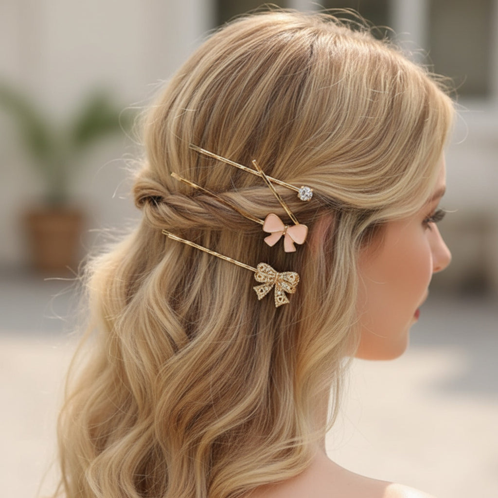 Cherry Blossom Gold Hair Clips Set With Bows
