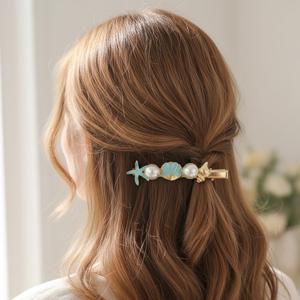 Gold Pearl Starfish Shell Hair Clip Set