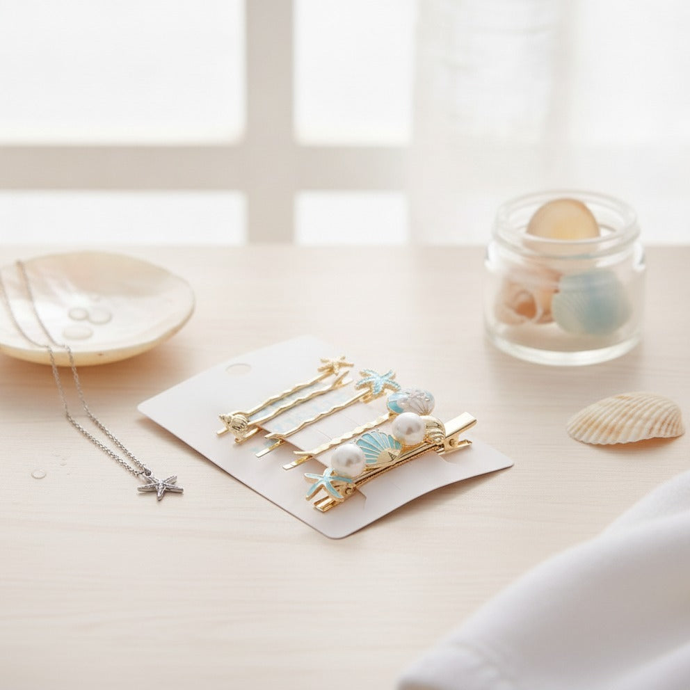 Gold Pearl Starfish Shell Hair Clip Set – hair accessories (view 2)