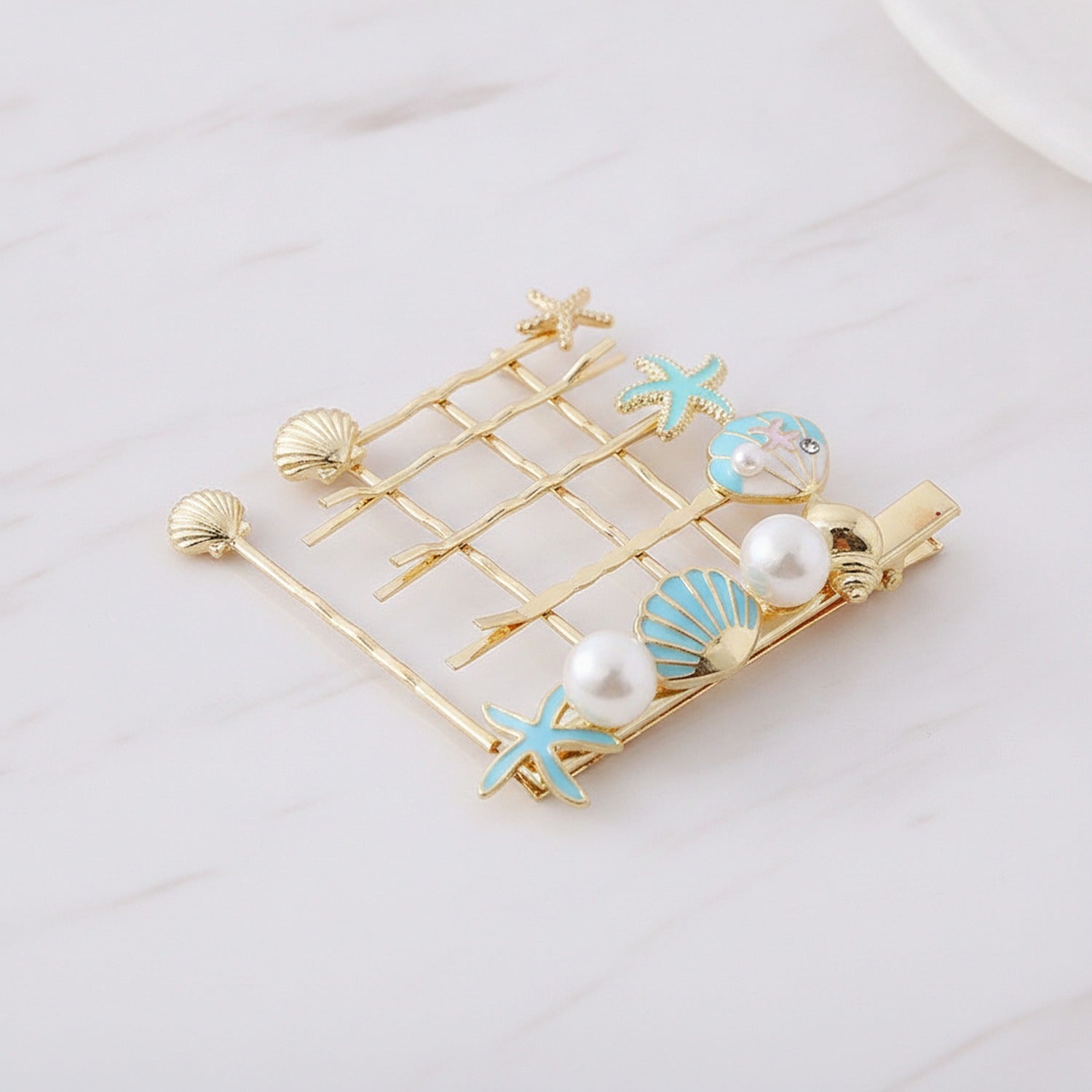 Gold Pearl Starfish Shell Hair Clip Set